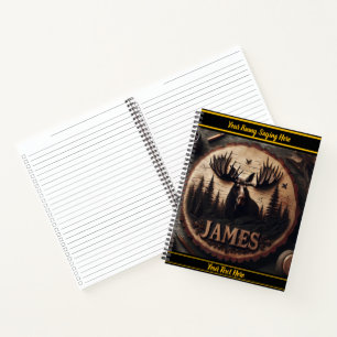 Moose wood carving in forest notebook