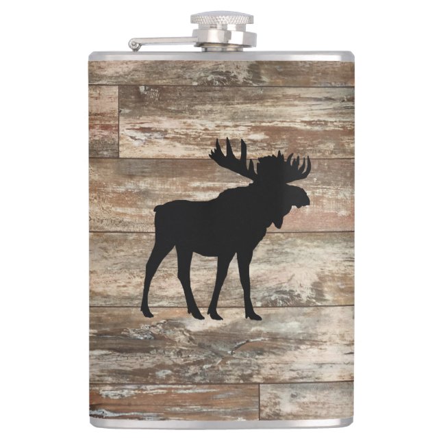 Moose Wood Painting Rustic Style Hip Flask (Front)