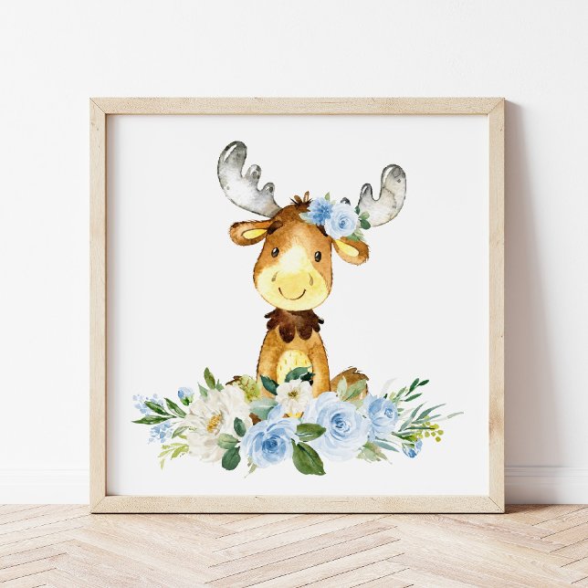 Moose, Woodland Animals, Boho, Blue Flowers Photo Print (Creator Uploaded)