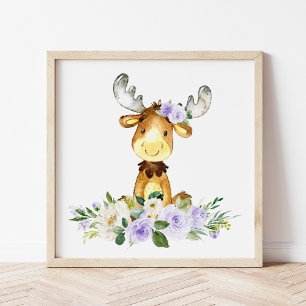 Moose, Woodland Animals, Boho, Purple Flowers Photo Print