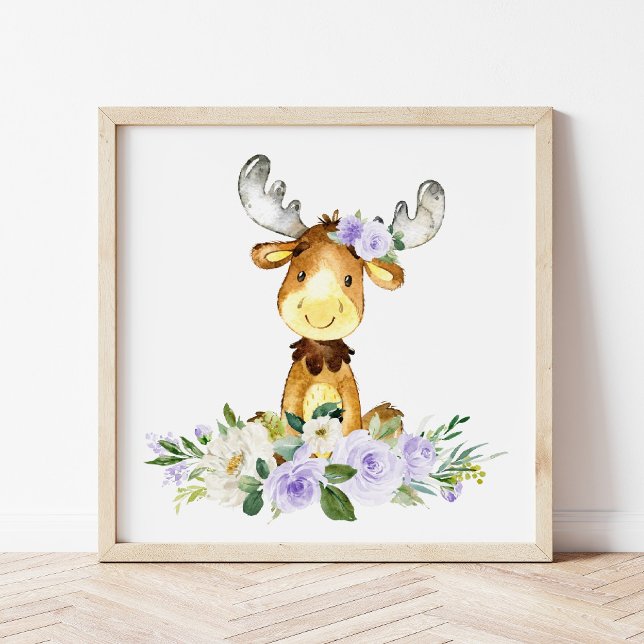 Moose, Woodland Animals, Boho, Purple Flowers Photo Print (Creator Uploaded)