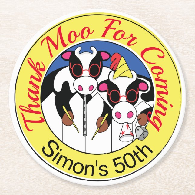 Moosicians Funny Cow Birthday Party Round Paper Coaster (Front)