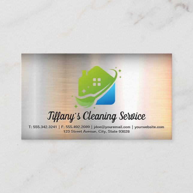 Mop Home Cleaning Logo | Metal Background Business Card (Front)