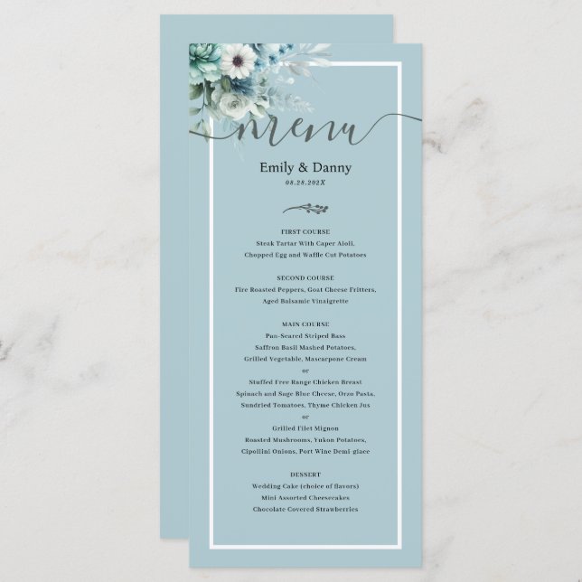 Morandi Ash Blue Elegant Botanical Wedding Menu (Front/Back)