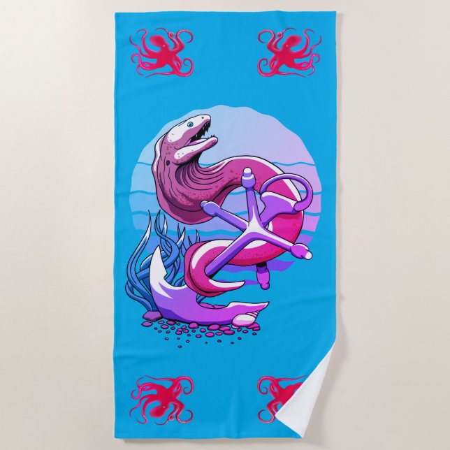 Moray Eel and Anchor and octopus Beach Towel (Front)