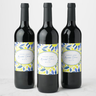 Mordern Blue Yellow Lemons Bridal Shower Wine Label