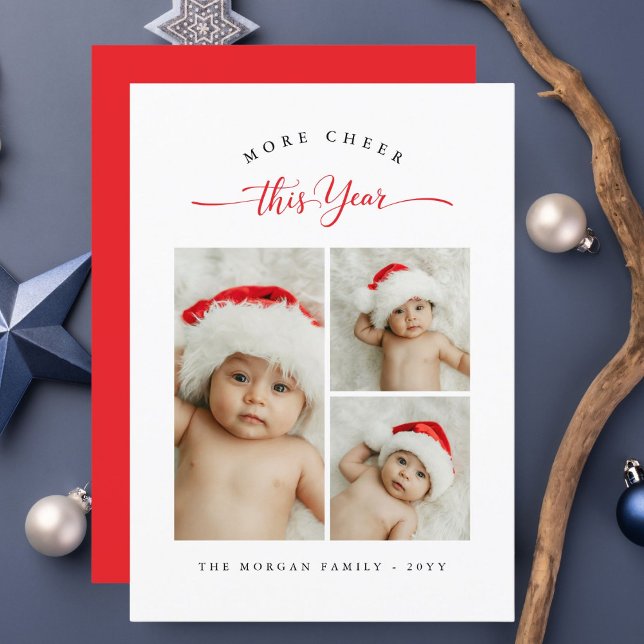 More Cheer This Year Christmas Baby 3 Photo  Red Holiday Card (Creator Uploaded)