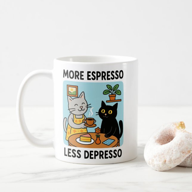 More Espresso Less Depresso Black Cat  Coffee Mug (With Donut)