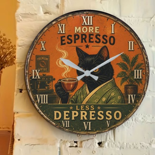 More Espresso Less Depresso Cat Large Clock (Creator Uploaded)