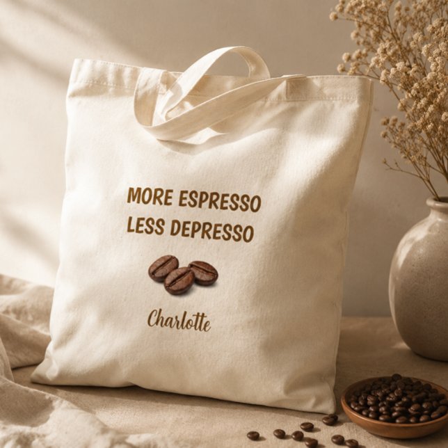 More Espresso Less Depresso Funny Coffee Name Tote Bag (Creator Uploaded)