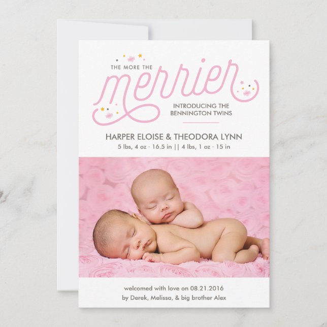 More the Merrier Girl Twins Birth Announcements (Front)