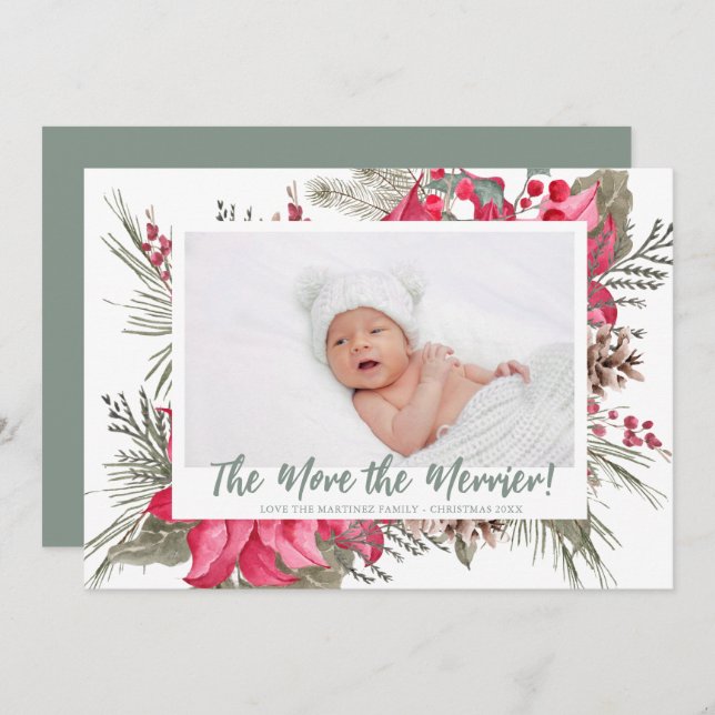 More the Merrier Poinsettia Photo Christmas  Announcement (Front/Back)
