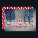 More The Merrier Pregnancy Christmas Holiday Card<br><div class="desc">Send holiday greetings to friends and family and also announce that you will be expecting a new addition to your family in the new year! Cheerful, modern script in a bright red spans the bottom of the card and reads "The more the merrier!". Below this line of text is room...</div>
