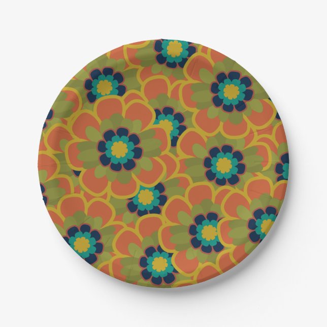 Morelia Retro Floral Pattern Burnt Orange Paper Plate (Front)