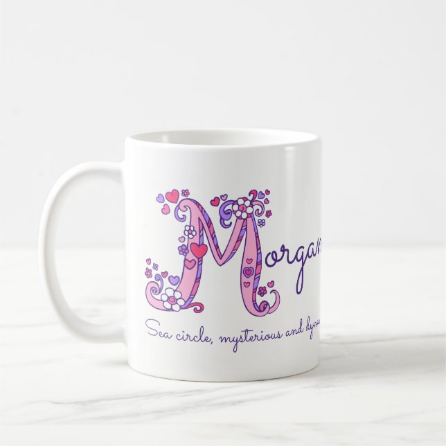 Morgan name meaning heart flower M monogram mug (Left)
