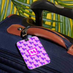 Morkie Dog Lover Pink & Blue Silhouette Monogram Luggage Tag