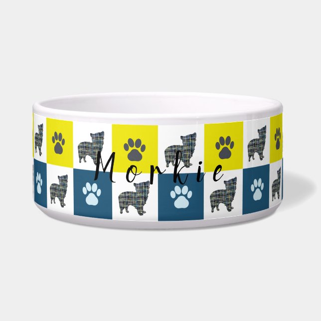 Morkie Dog & Paw Yellow & Blue Grid Dog Bowl (Front)