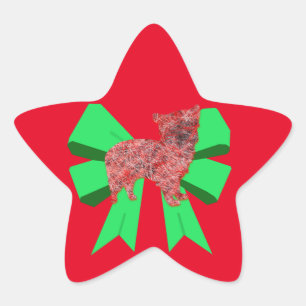 Morkie Dog Silhouette Red & Green Bow Christmas Star Sticker