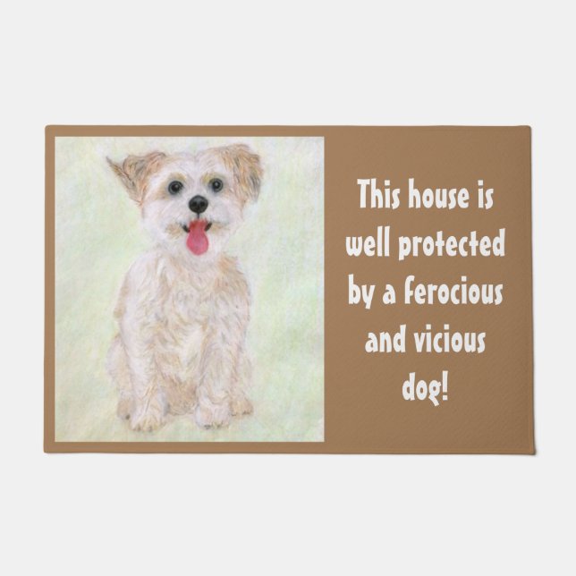 Morkie Funny Guard Dog on Beige Doormat (Front)