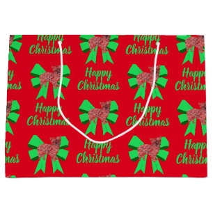 Morkie Red Christmas Silhouette Dog & Green Bow Large Gift Bag