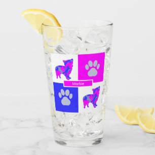 Morkie Silhouette Dog & Paw Pink and Blue Square Glass