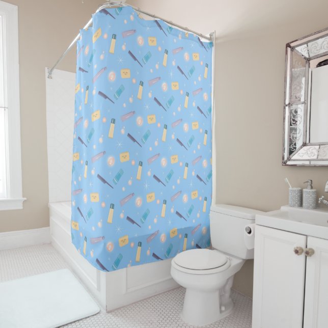 Morning Bathroom Toiletries Pattern Blue Shower Curtain (In Situ)