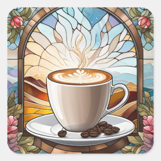 Morning Coffee Stained Glass Square Sticker