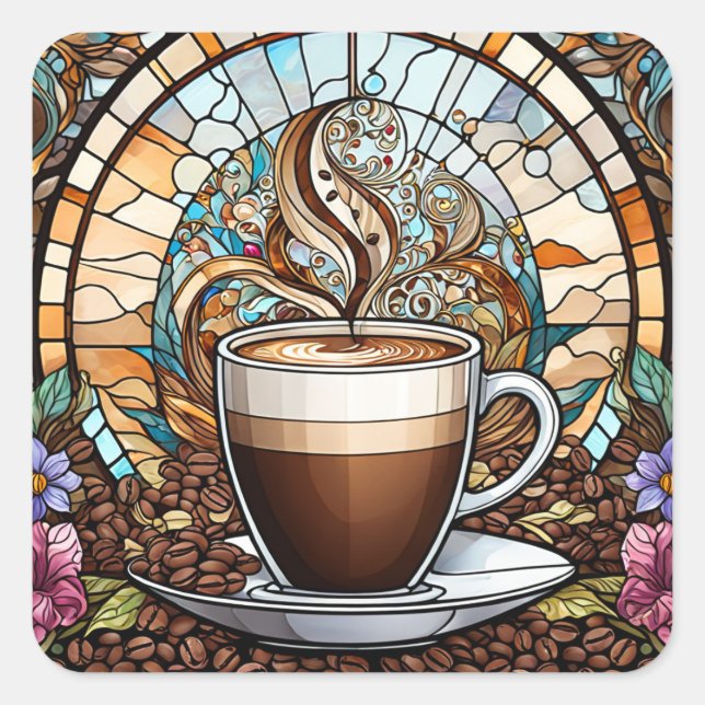 Morning Coffee Stained Glass Square Sticker (Front)