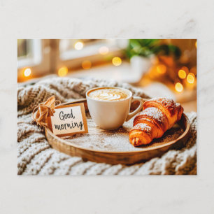 Morning coffee with steam rising holiday postcard