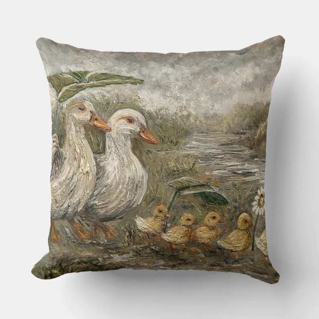 Morning Commute Whimsical Farmhouse Duck Rainy Day Cushion (Front)