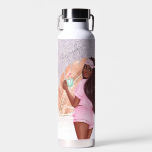 Morning Faux Glitter Girl Black Water Bottle