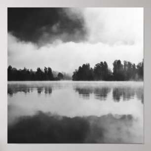 Morning fog above the lake in black and white poster
