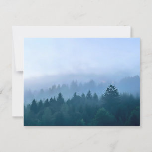 Morning fog envelops forest landscape in mountains postcard