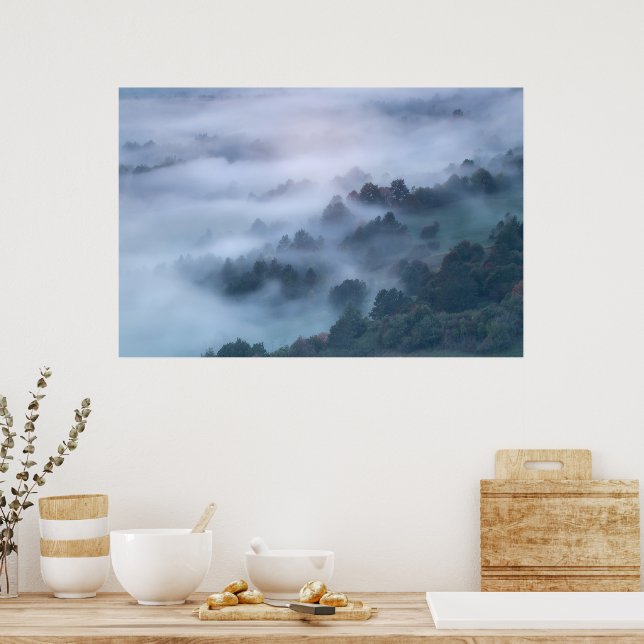 Morning fog rolling through trees poster (Kitchen)