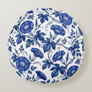 Morning Glories Cobalt Blue White Delft Style Round Cushion
