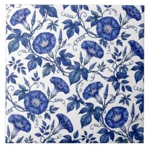 Morning Glories Cobalt Blue White Delft Style Tile