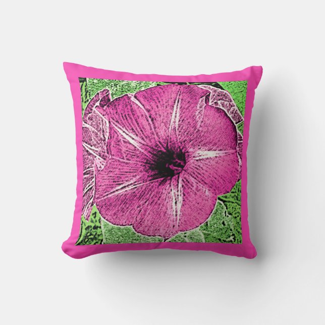 Morning Glory Block Print - fuchsia pink Cushion (Front)