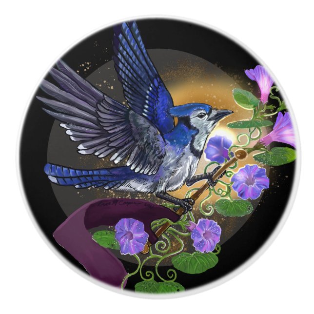 Morning Glory BlueJay  Ceramic Knob (Front)