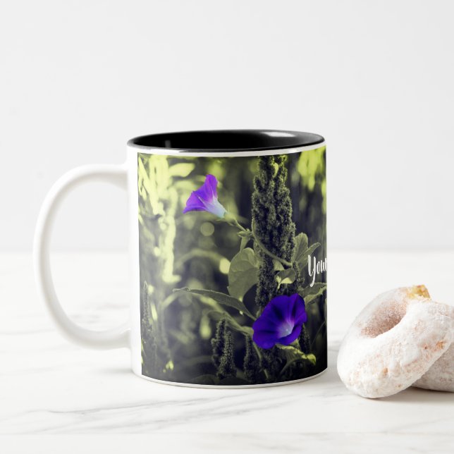 Morning Glory Flowers Black And White Personalised Two-Tone Coffee Mug (With Donut)