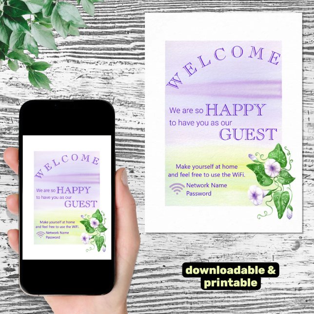 Morning Glory Flowers Welcome Guest Wifi Password Poster (downloadable and printed wifi informational sheet)