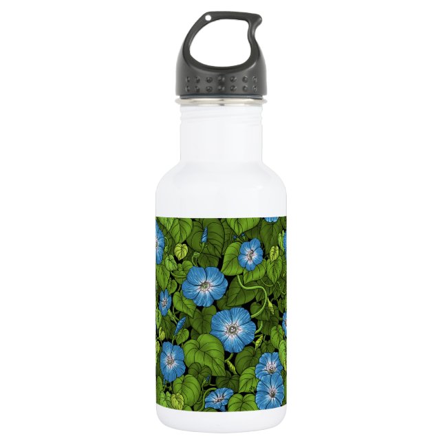 Morning glory in blue and green 532 ml water bottle (Front)