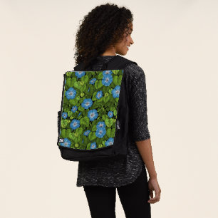 Morning glory in blue and green backpack