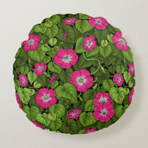 Morning glory in pink and green round cushion