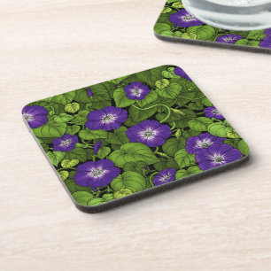 Morning glory in purple and green coaster