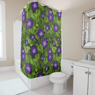 Morning glory in purple and green shower curtain