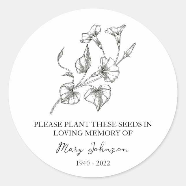 Morning Glory  Memorial Funeral Seed Packet Classic Round Sticker (Front)