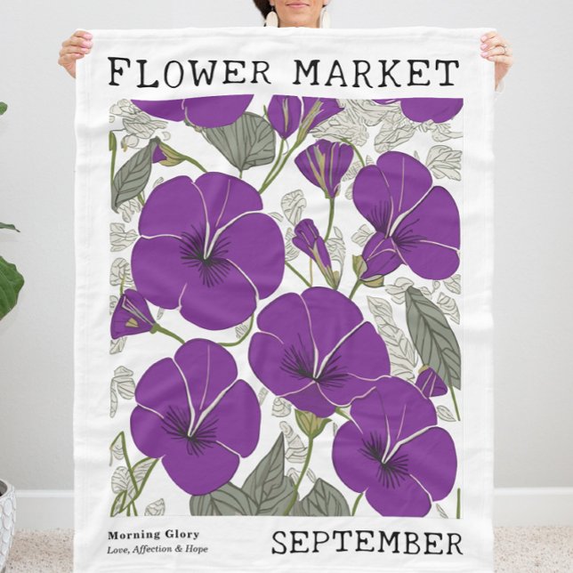 Morning Glory September Birth Flower Market Floral Fleece Blanket (Personalized September Birth Flower Market Print Fleece Blanket, Customizable Morning Glory Blanket)