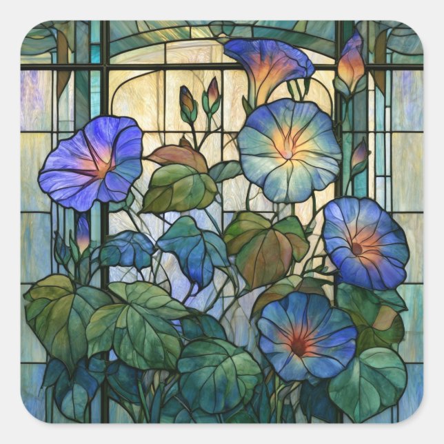 Morning glory stained glass square sticker (Front)