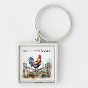 Morning Glory: Watercolor Rooster, custom Key Ring
