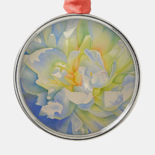Morning Glow   white peony watercolor painting Metal Tree Decoration